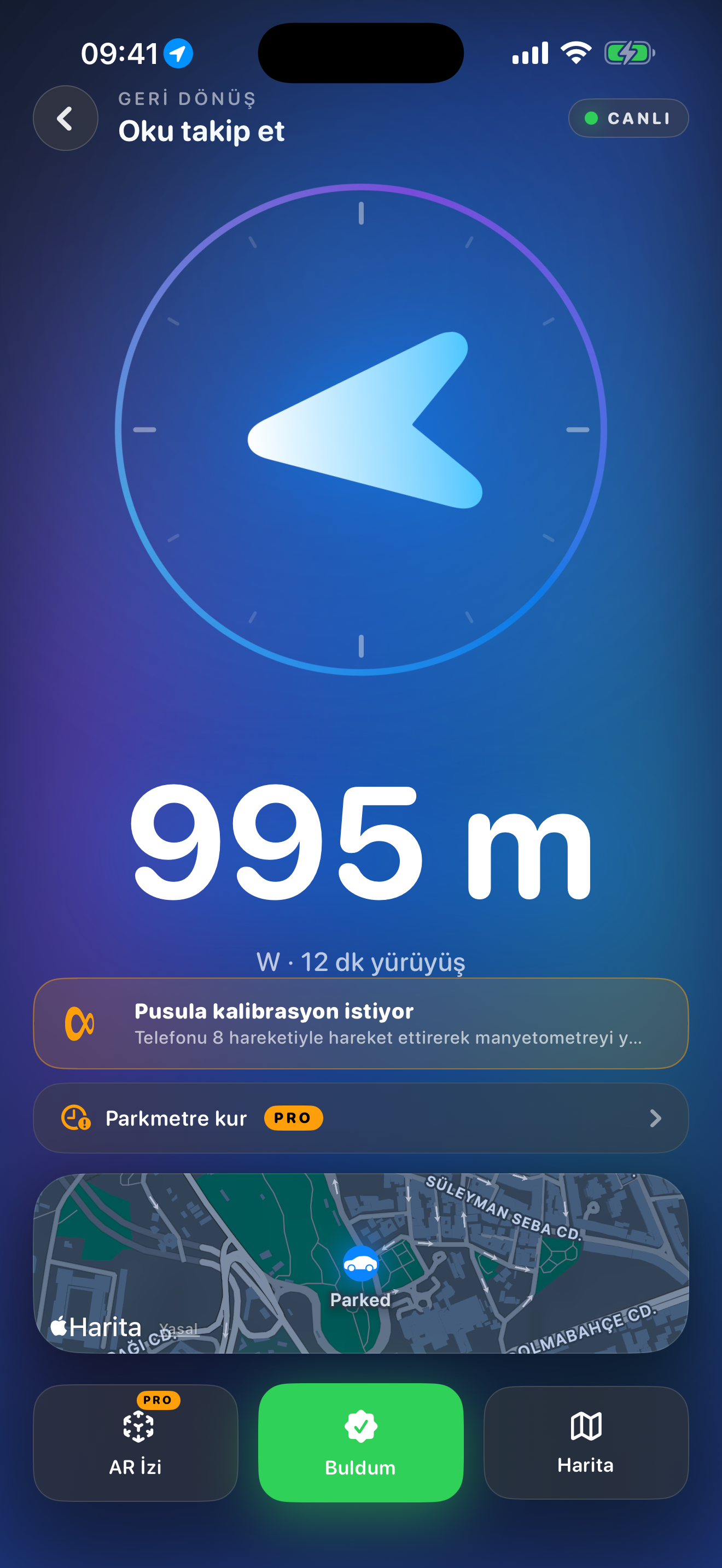 BackPark walking back — 995m, live arrow guidance, calibration banner, map thumb