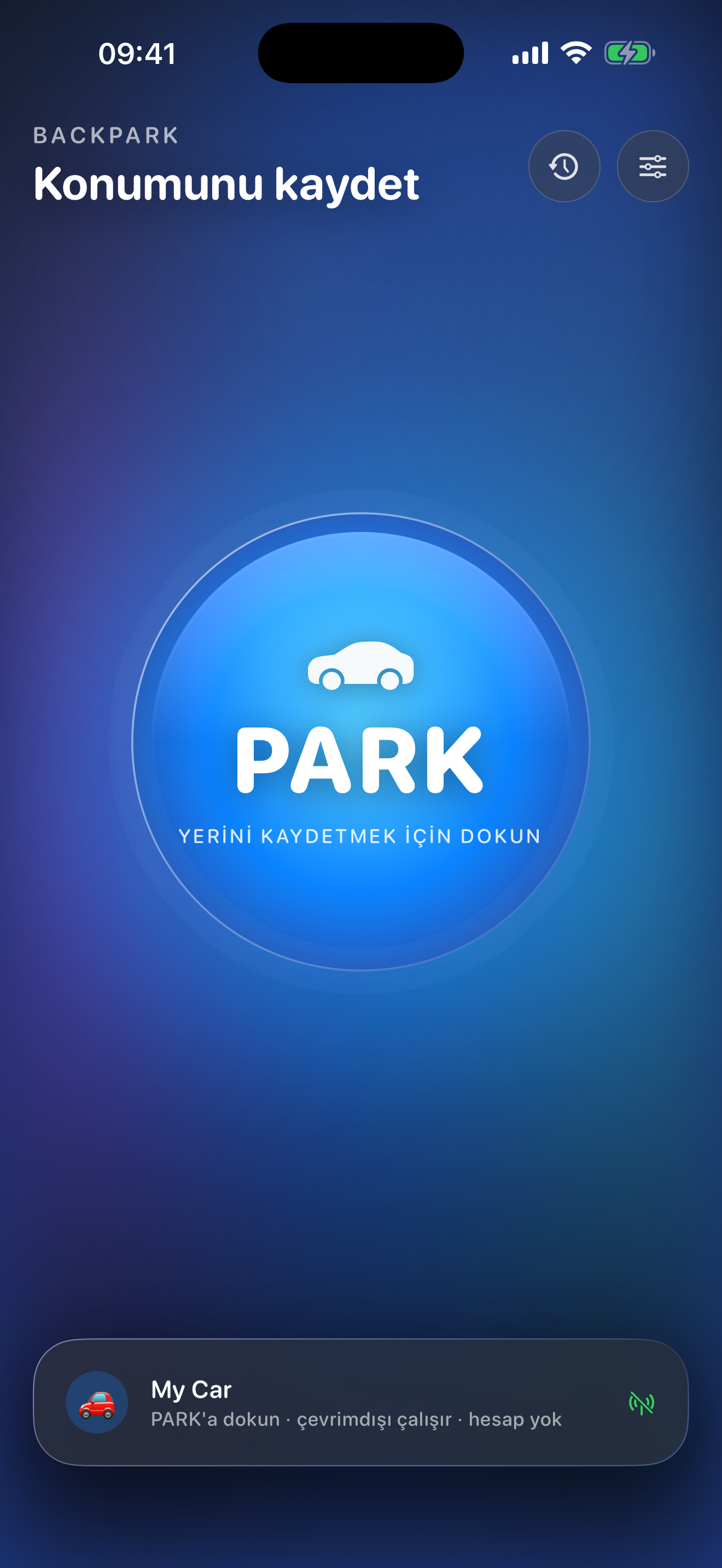 BackPark home — tap PARK to save your spot